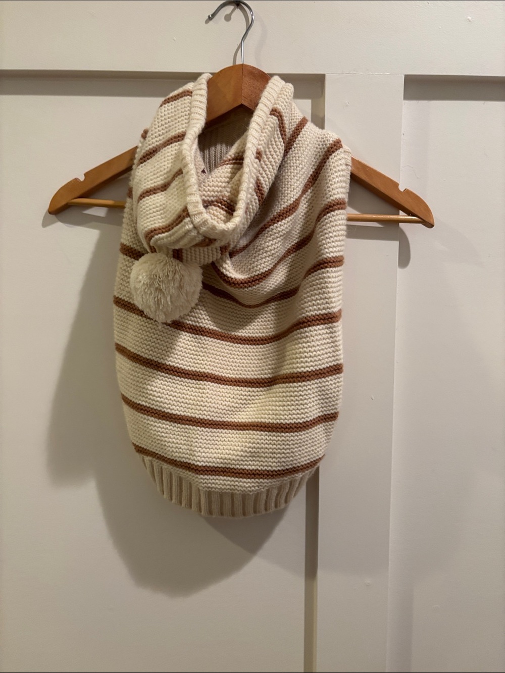Striped Cream & Brown Cowl Neck Sweater with Pom